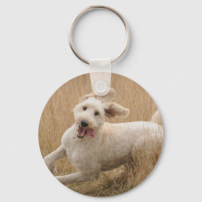 Goldendoodle Runs Through Grass Keychain (Front)