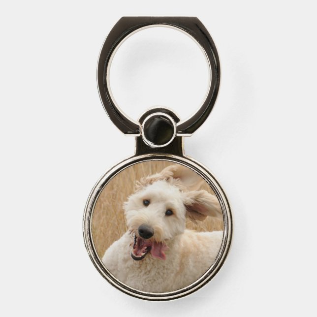 Goldendoodle Runs Through Grass Phone Ring Stand (Front)