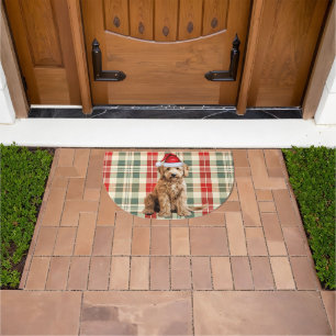 GoldenDoodle Santa Dog Red Seasonal Plaid Holiday Doormat