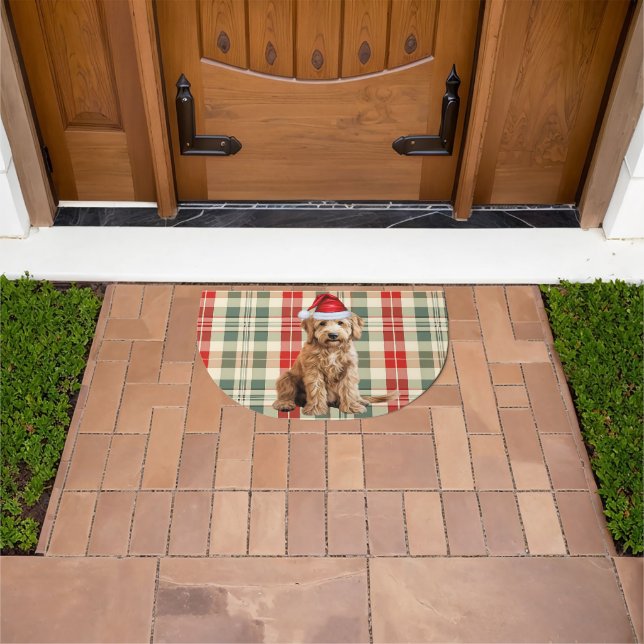 GoldenDoodle Santa Dog Red Seasonal Plaid Holiday Doormat (Outdoor)