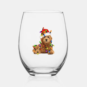 Goldendoodle Santa Dog Stemless Wine Glass