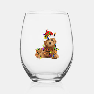 Goldendoodle Santa Dog Stemless Wine Glass