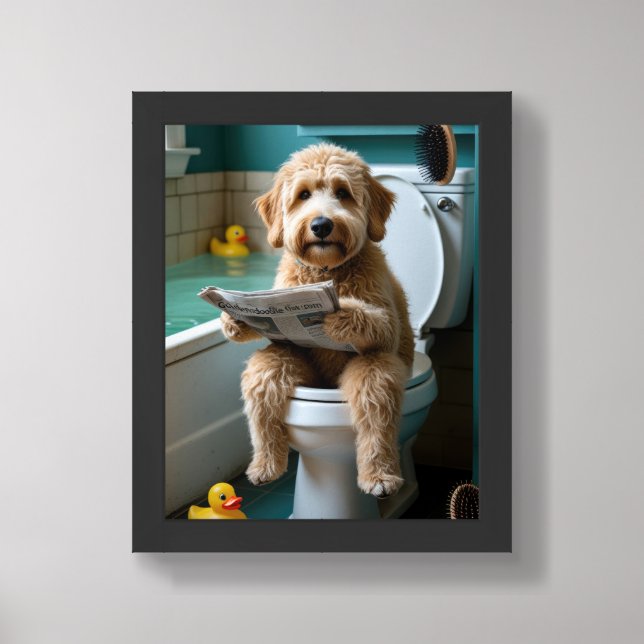 Goldendoodle Sitting On Toilet Funny Framed Art (Framed Front)