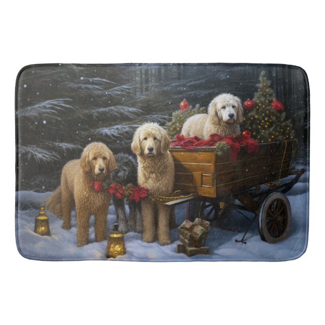 Goldendoodle Snowy Sleigh Christmas Decor Bath Mat (Front)