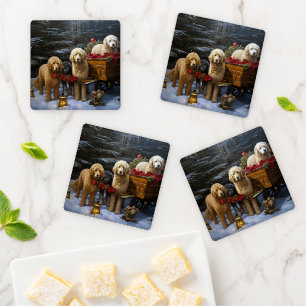 Goldendoodle Snowy Sleigh Christmas Decor Coaster Set