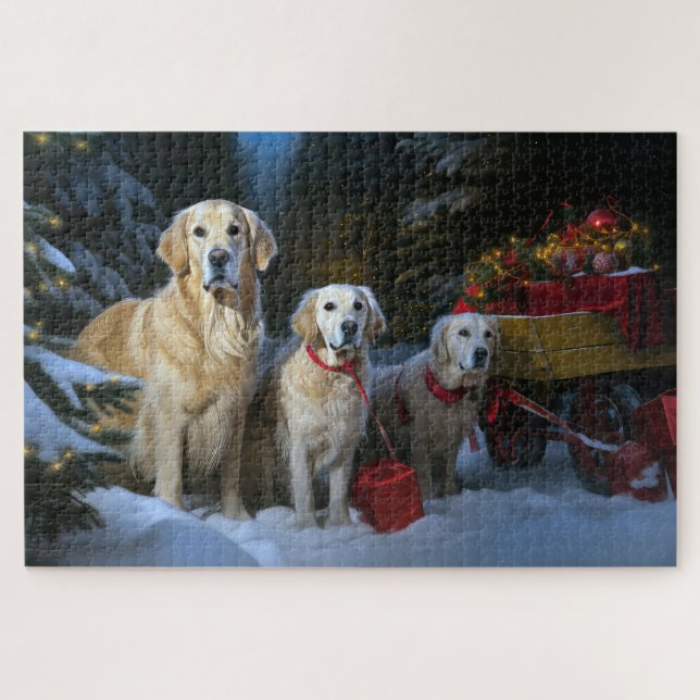 Goldendoodle Snowy Sleigh Christmas Decor Jigsaw Puzzle (Horizontal)