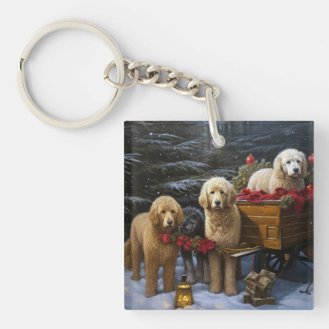 Goldendoodle Snowy Sleigh Christmas Decor   Keychain (Front)