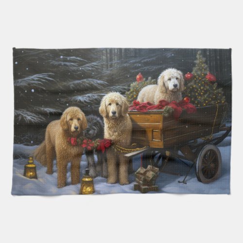 Goldendoodle Snowy Sleigh Christmas Decor   Kitchen Towel