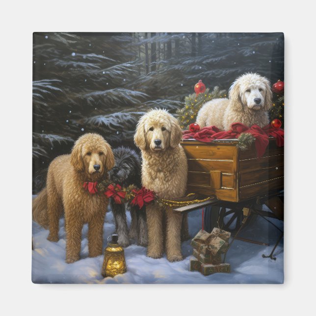 Goldendoodle Snowy Sleigh Christmas Decor Magnet (Front)