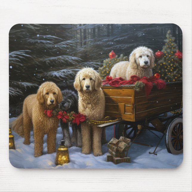 Goldendoodle Snowy Sleigh Christmas Decor Mouse Pad (Front)