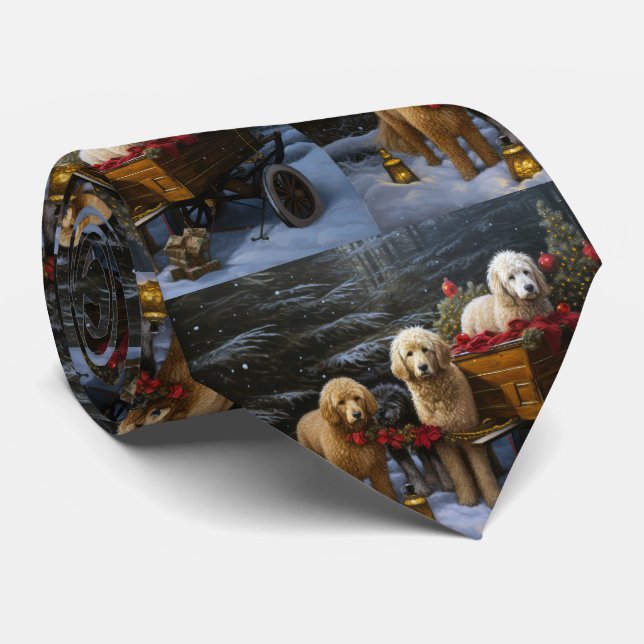 Goldendoodle Snowy Sleigh Christmas Decor   Neck Tie (Rolled)