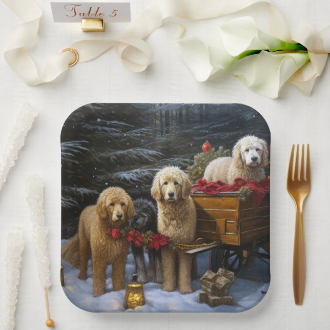 Goldendoodle Snowy Sleigh Christmas Decor   Paper Plates (Wedding)