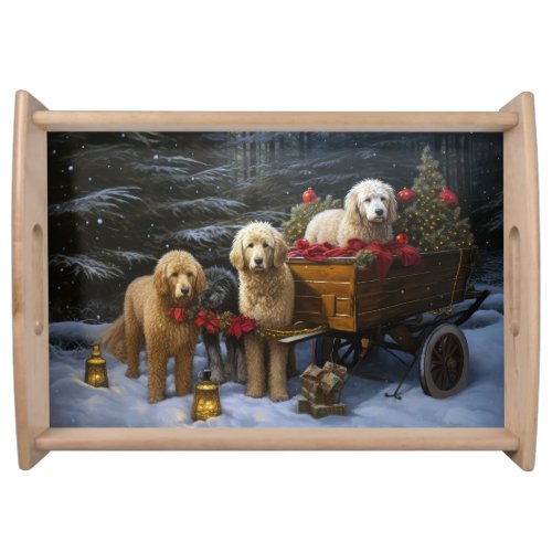 Goldendoodle Snowy Sleigh Christmas Decor Serving Tray