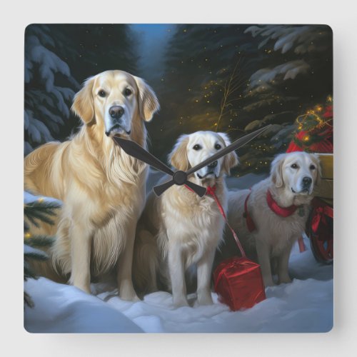 Goldendoodle Snowy Sleigh Christmas Decor Square Wall Clock