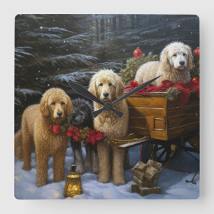 Goldendoodle Snowy Sleigh Christmas Decor Square Wall Clock