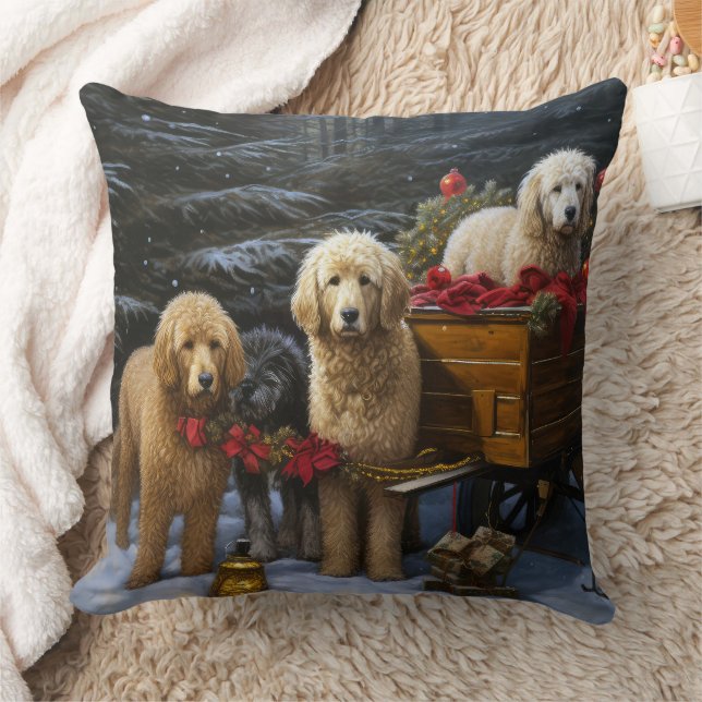 Goldendoodle Snowy Sleigh Christmas Decor Throw Pillow (Blanket)
