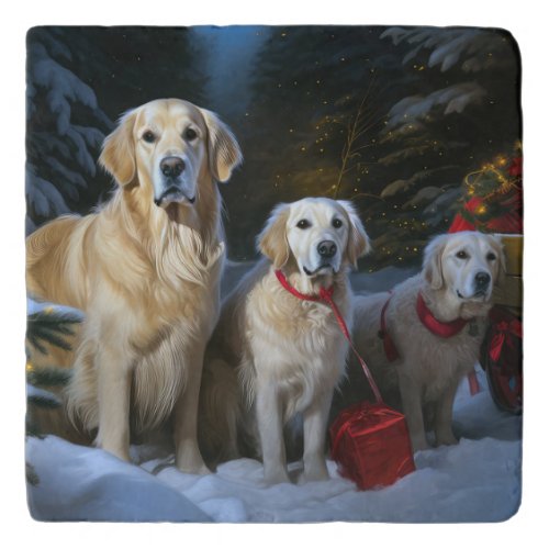 Goldendoodle Snowy Sleigh Christmas Decor Trivet