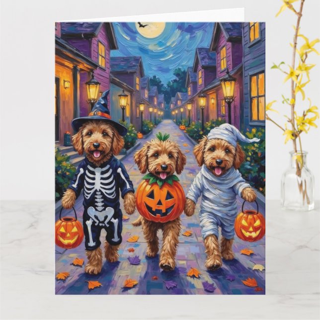 Goldendoodle Trick-or-Treating Halloween Costumes Card (Yellow Flower)