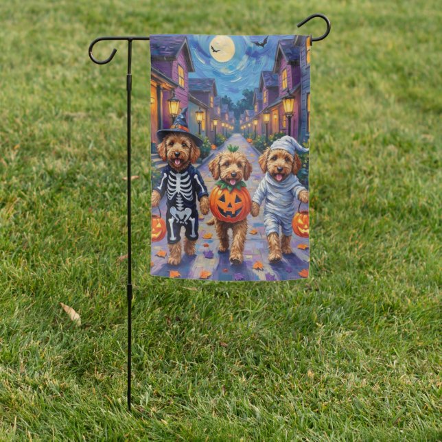 Goldendoodle Trick-or-Treating Halloween Costumes Garden Flag (In SItu)