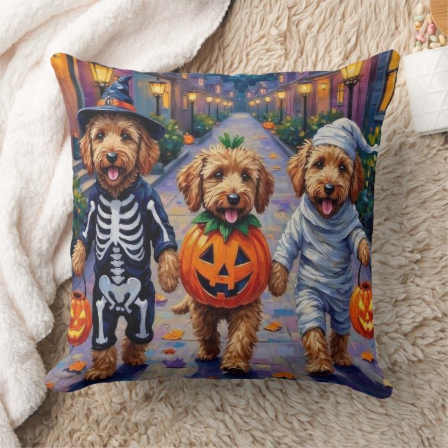 Goldendoodle Trick-or-Treating Halloween Costumes Throw Pillow (Blanket)
