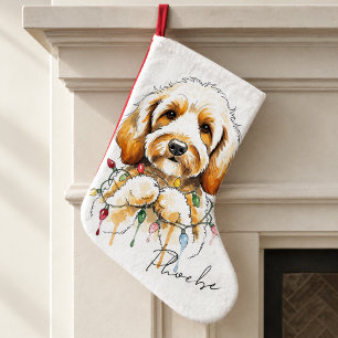Goldendoodle Watercolor Dog Name Holiday Large Christmas Stocking