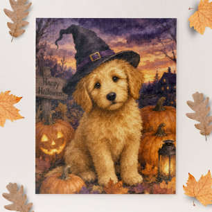 Goldendoodle Witch Hat Pumpkin Jigsaw Puzzle