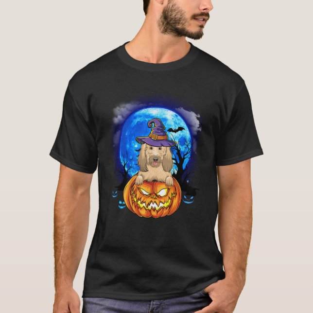 Goldendoodle Witch Moon Pumpkin Scary Halloween Do T-Shirt (Front)