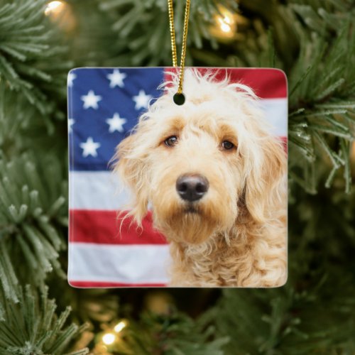 Goldendoodle With American Flag Ceramic Ornament