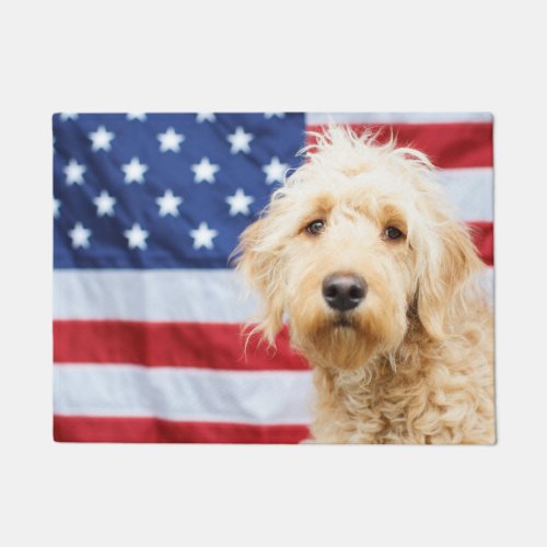 Goldendoodle With American Flag Doormat