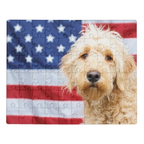 Goldendoodle With American Flag Jigsaw Puzzle