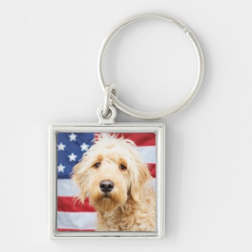 Goldendoodle With American Flag Keychain