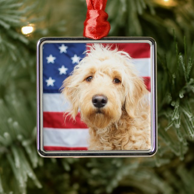 Goldendoodle With American Flag Metal Ornament (Tree)