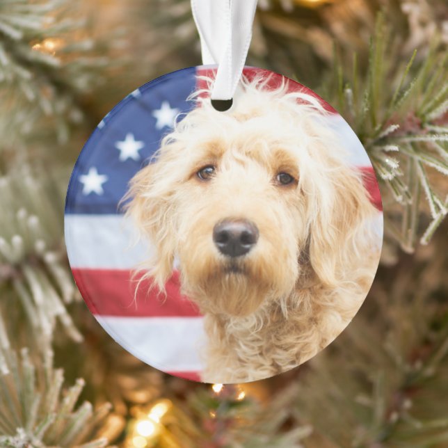 Goldendoodle With American Flag Ornament (Tree)