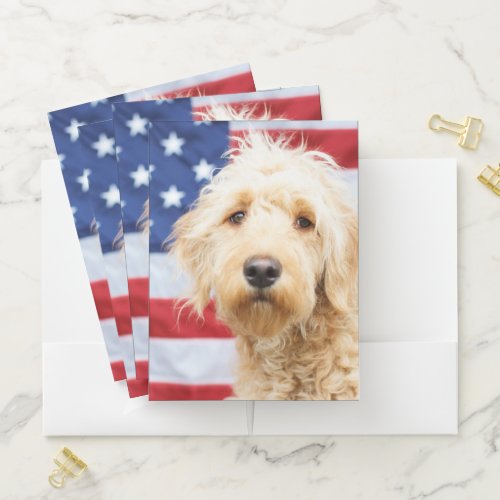 Goldendoodle With American Flag Pocket Folder