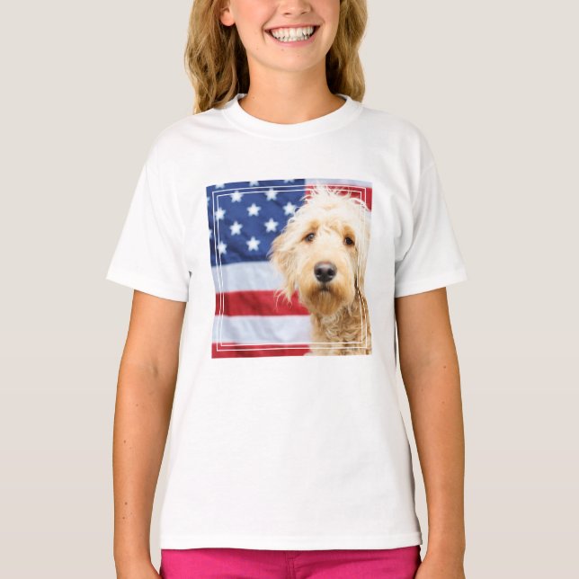 Goldendoodle With American Flag T-Shirt (Front)