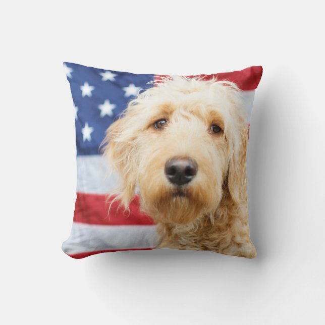 Goldendoodle With American Flag Throw Pillow (Front)