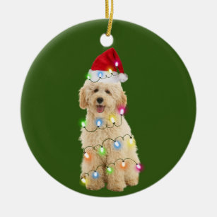 Goldendoodle With Antlers Natural Yellow 4 inch Glass Christmas Ornament 