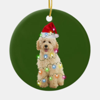 Goldendoodle With Christmas Scafts Santa Hat Ceramic Ornament