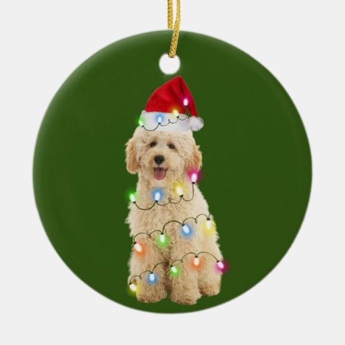 Goldendoodle With Christmas Scafts Santa Hat Ceramic Ornament