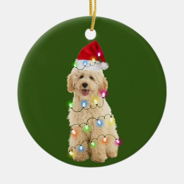 Goldendoodle With Christmas Scafts Santa Hat Ceramic Ornament (Front)