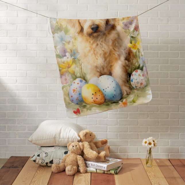 Goldendoodle with Easter Eggs Baby Blanket (In Situ)