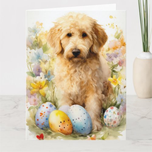 Goldendoodle with Easter Eggs Card