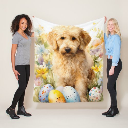 Goldendoodle with Easter Eggs Fleece Blanket