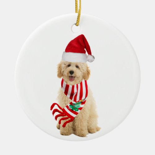Goldendoodle With Hat Scaft Christmas Ceramic Ornament