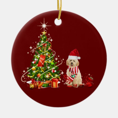 goldendoodle With Hat Scaft Christmas Ceramic Ornament