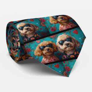 Goldendoodle With Heart Roses Valentine's Day Neck Tie