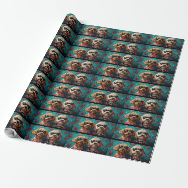 Goldendoodle With Heart Roses Valentine's Day Wrapping Paper (Unrolled)