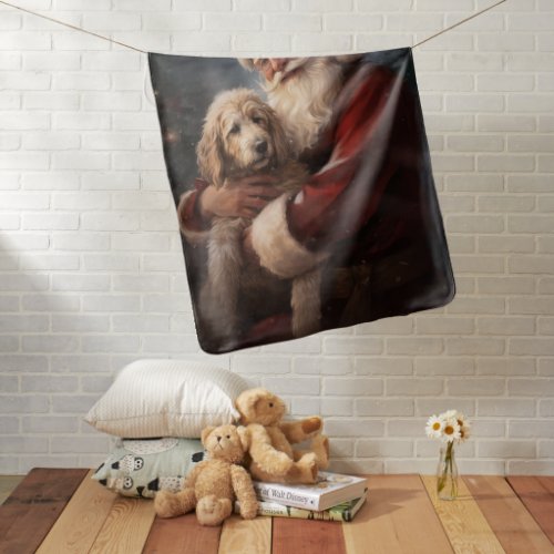 Goldendoodle With Santa Claus Festive Christmas Baby Blanket