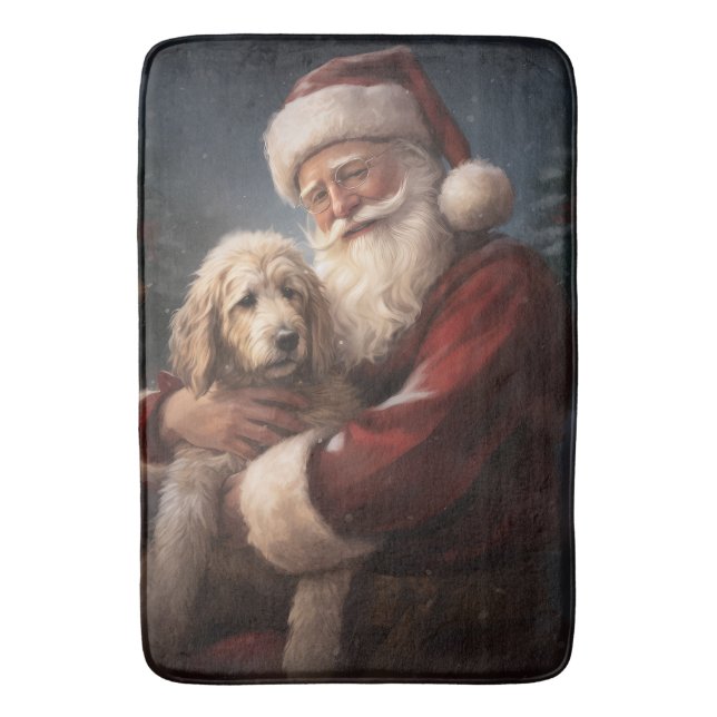 Goldendoodle With Santa Claus Festive Christmas Bath Mat (Front Vertical)