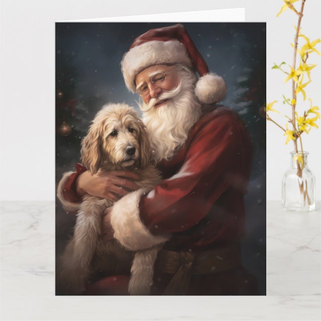 Goldendoodle With Santa Claus Festive Christmas Card (Yellow Flower)